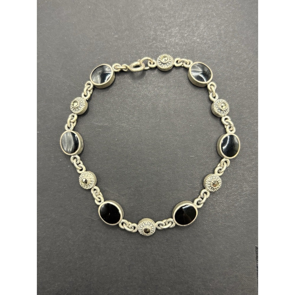 Vintage 7.5" Sterling Silver Onyx Marcasite Bracelet 12 Grams G15